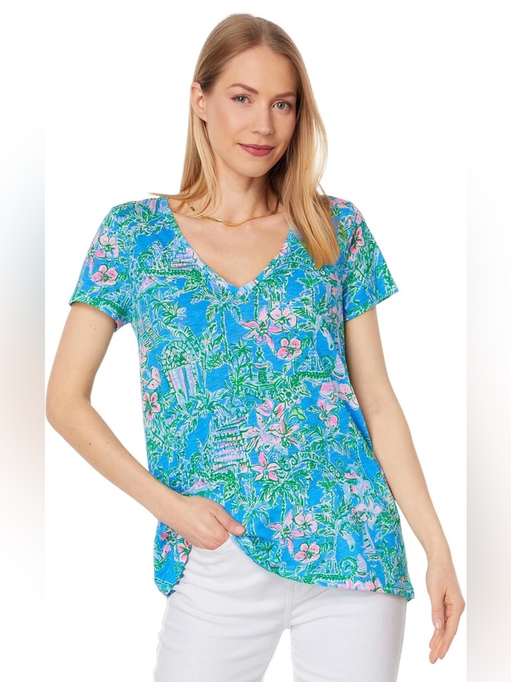 Lilly Pulitzer Etta V-Neck Shirt Boca Blue Beneath the Bougainvillea Size XXS